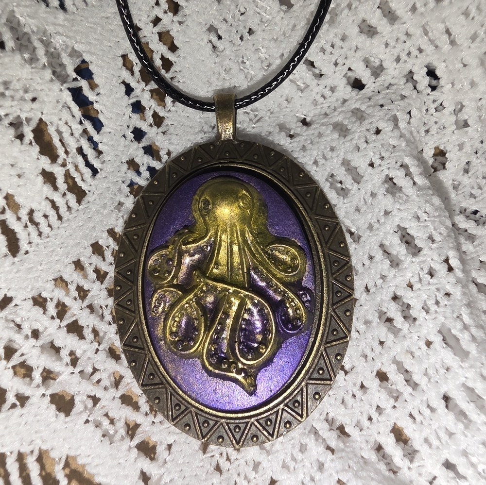 Gold Octopus Cameo In Bronze Tone Metal Frame 16-18 Adjustable Cord Necklace